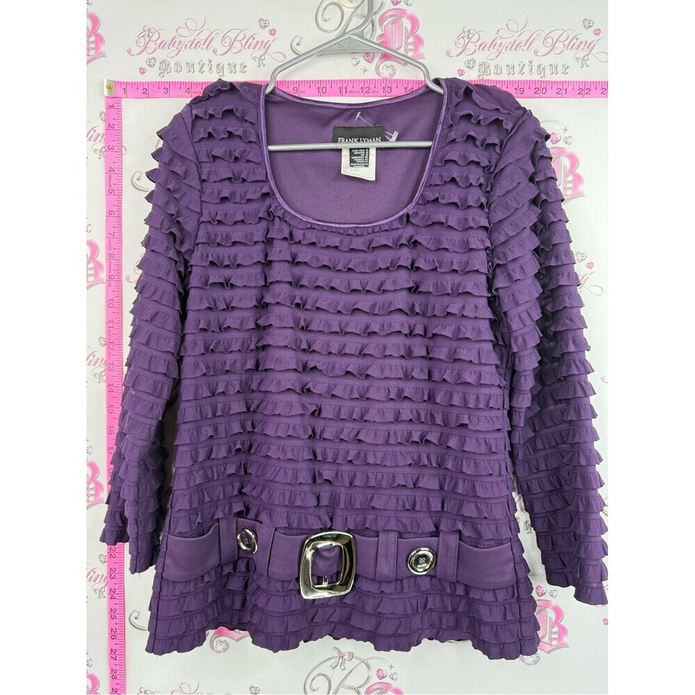 Frank Lyman shirt top Design Purple Layered Ruffle Top with Decorative Belt